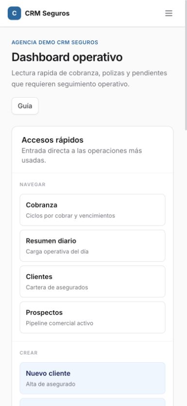Versión móvil demostrativa de CRM Seguros con sus accesos principales